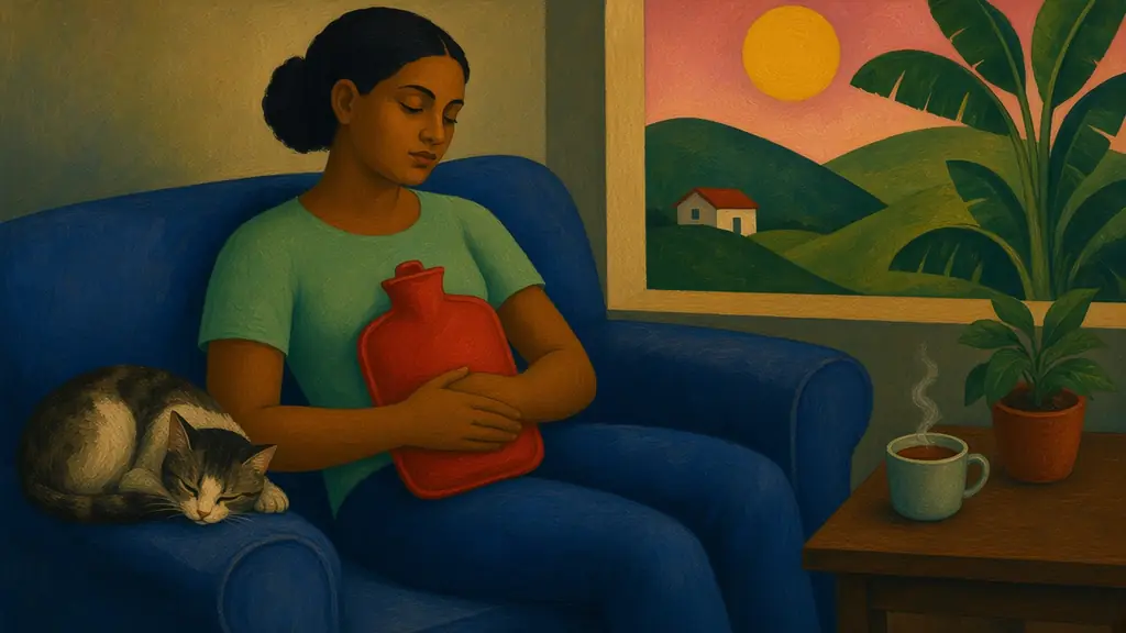 Pintura modernista de uma jovem recostada num sofá azul com uma bolsa de água quente vermelha sobre a barriga, com um gato dormindo ao lado e uma xícara de chá na mesinha