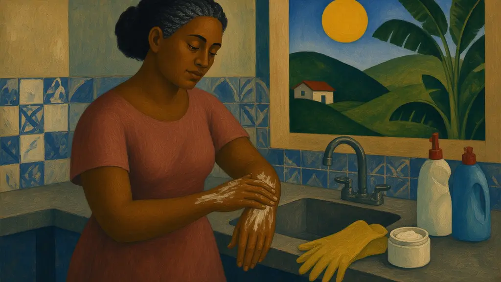 Pintura modernista de uma mulher passando creme hidratante nas mãos junto à pia da cozinha, com luvas de borracha amarelas e um pote de creme no balcão