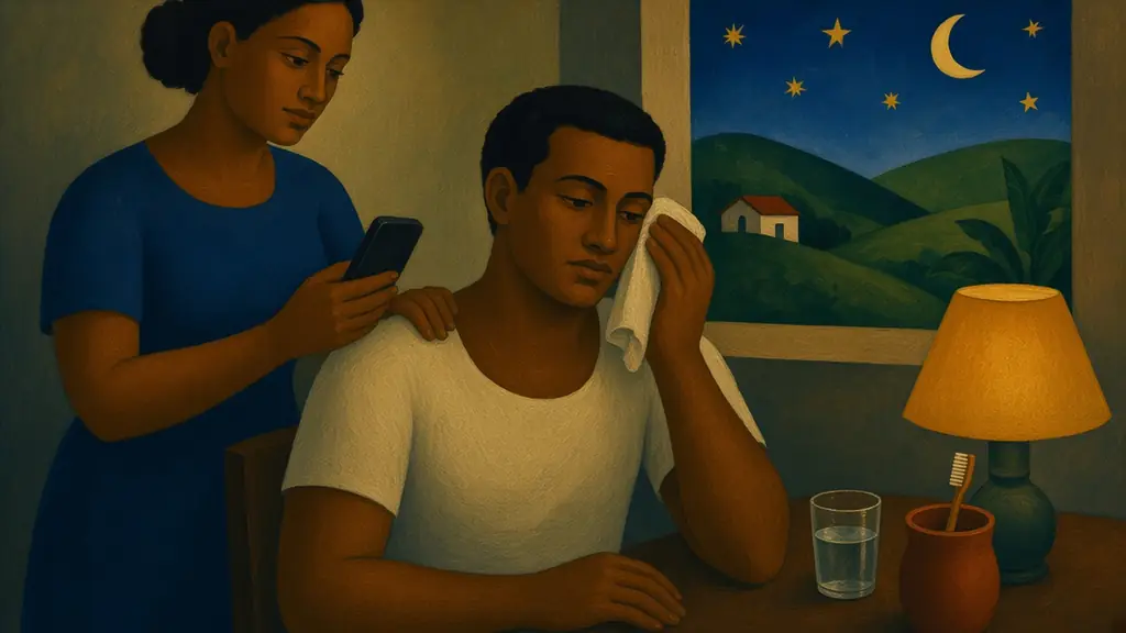 Pintura modernista de um homem à mesa, à noite, segurando um pano frio no rosto, enquanto uma mulher com o celular na mão apoia o ombro dele, com copo de água e escova de dentes sobre a mesa