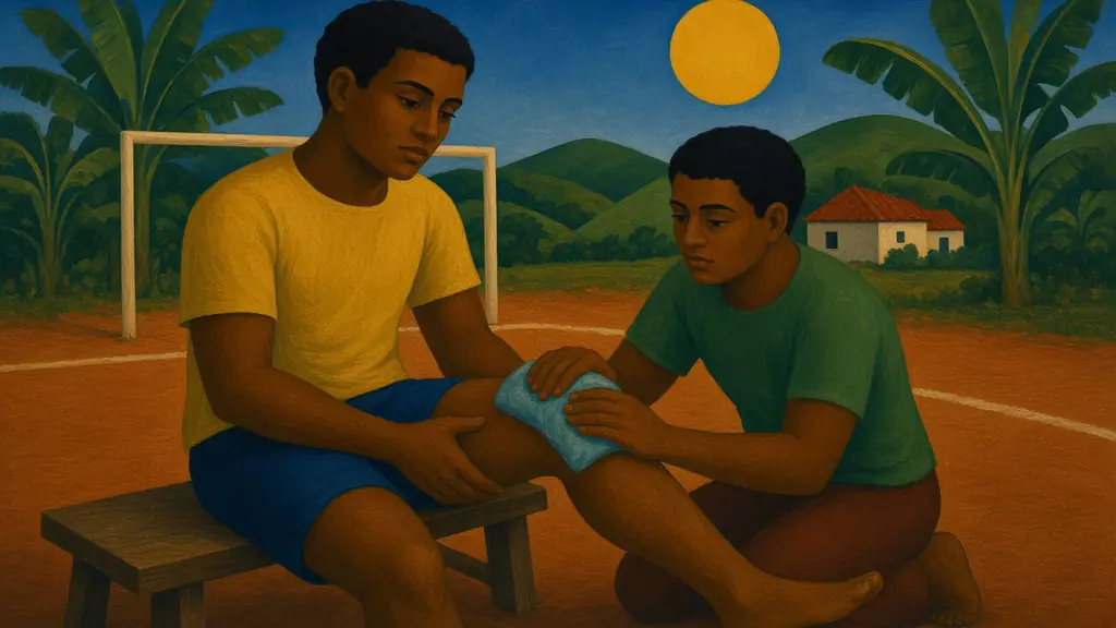 Pintura modernista de um jovem sentado num banco à beira de um campo de futebol de terra, enquanto um amigo ajoelhado apoia uma compressa fria envolta em pano na coxa dele