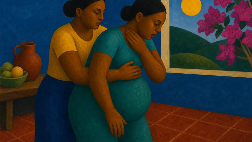 Pintura modernista clássica: socorrista por trás da gestante aplicando compressões torácicas no peito, sem compressão abdominal