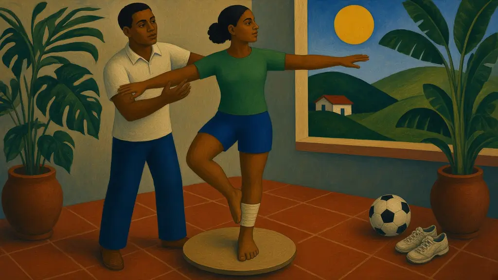 Pintura modernista de uma jovem com o tornozelo enfaixado se equilibrando num pé só sobre uma prancha de madeira, acompanhada por um fisioterapeuta, com bola e tênis no canto da sala