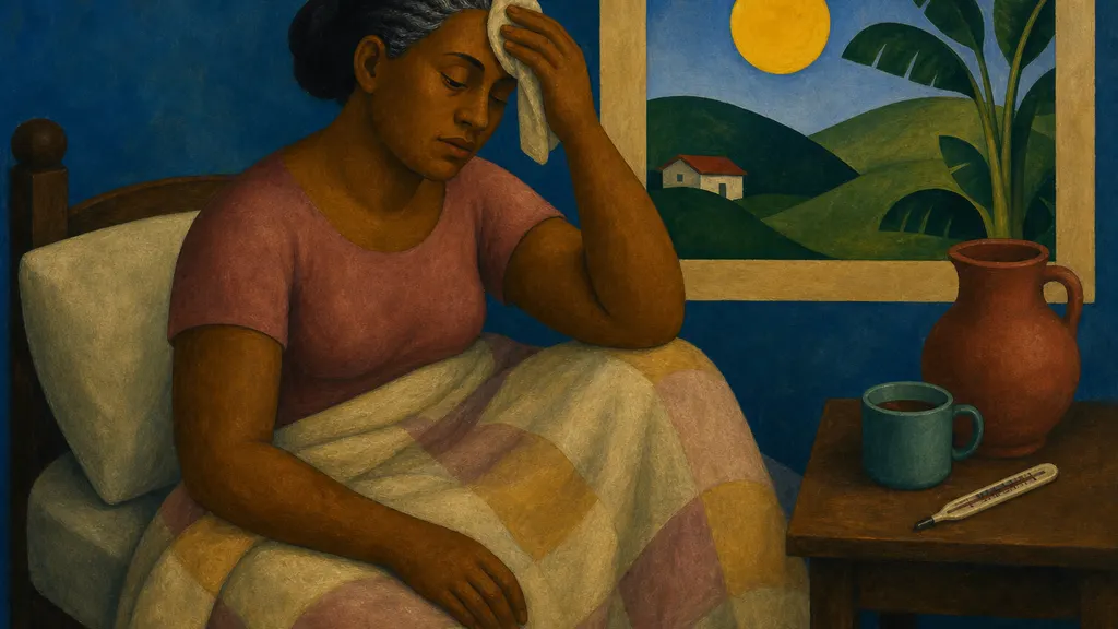 Pintura modernista clássica: mulher adulta sozinha na cama com febre, panos e chá na mesa de cabeceira