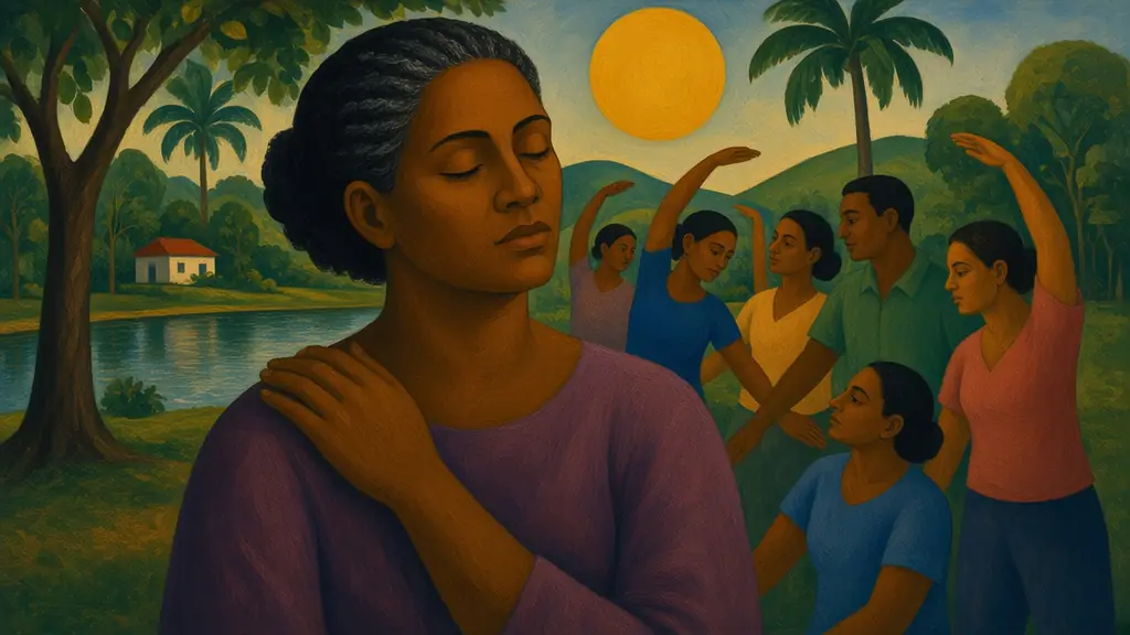 Pintura modernista de uma mulher de olhos fechados com a mão no ombro, à frente de um grupo que faz alongamento ao ar livre num parque à beira de um lago