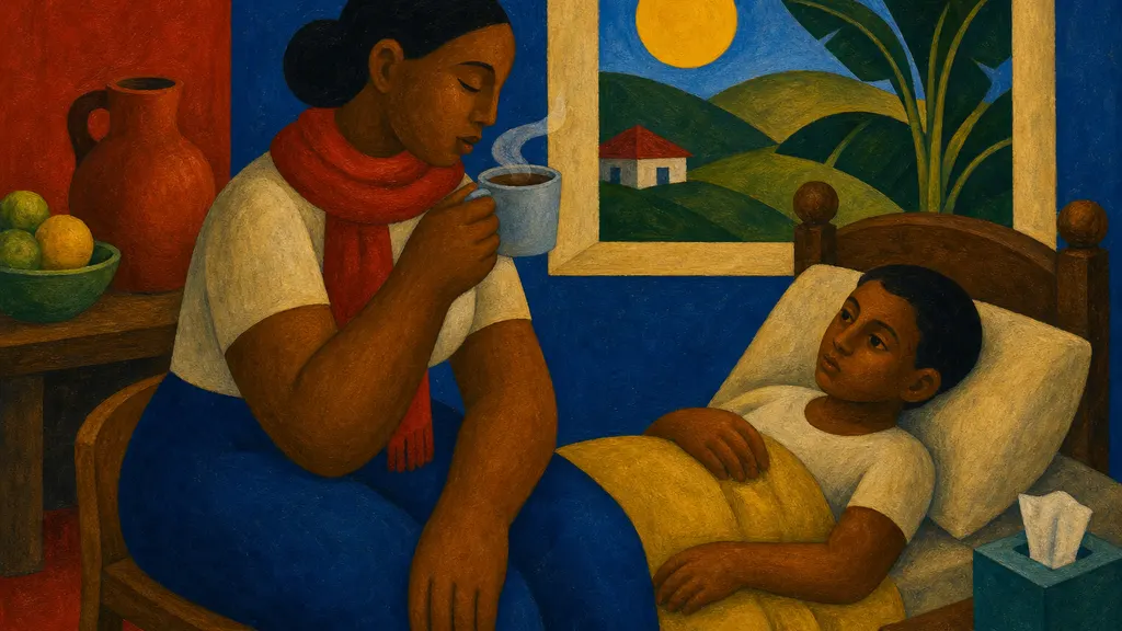 Pintura modernista clássica de pessoa com cachecol tomando chá fumegante