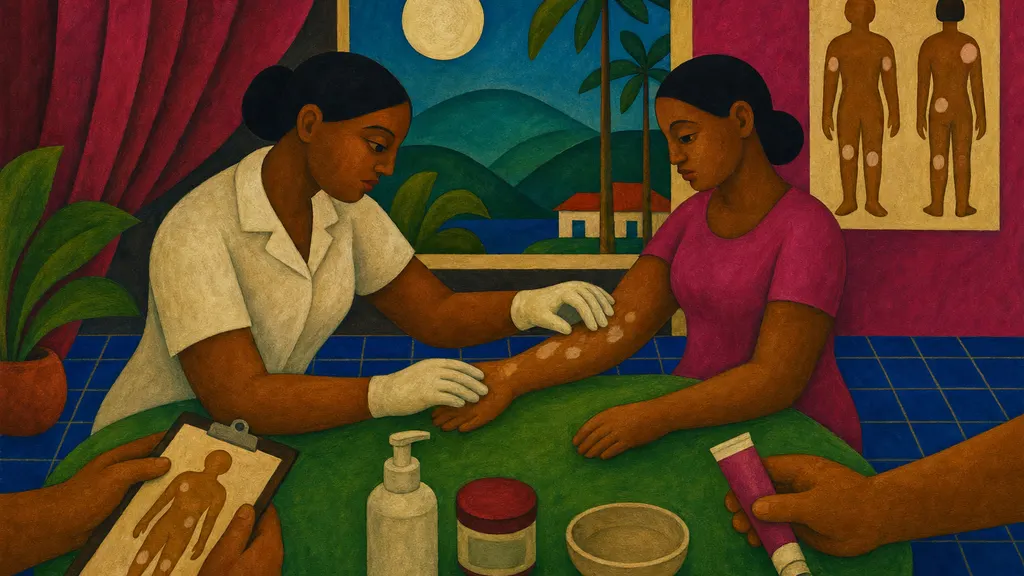 Pintura modernista colorida: Hanseníase: manchas na pele com perda de sensibilidade