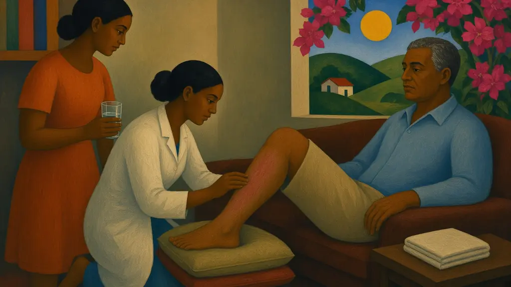 Pintura modernista de uma profissional de saúde examinando a perna avermelhada de um senhor, apoiada em almofadas no sofá, enquanto uma jovem traz um copo de água