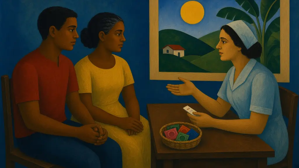 Pintura modernista de um casal sentado diante de uma enfermeira que explica um teste rápido, com um cesto de preservativos coloridos sobre a mesa do posto de saúde
