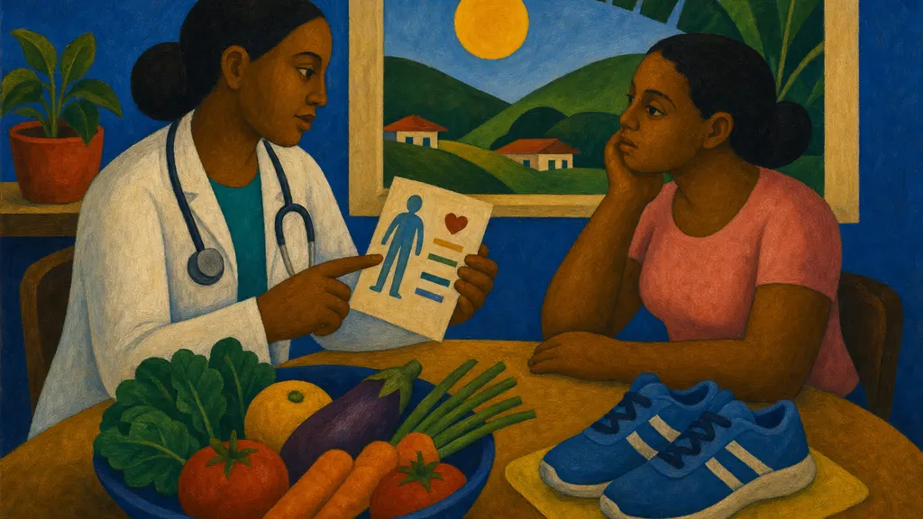 Pintura modernista clássica de médico orientando paciente com vegetais e tênis de caminhada