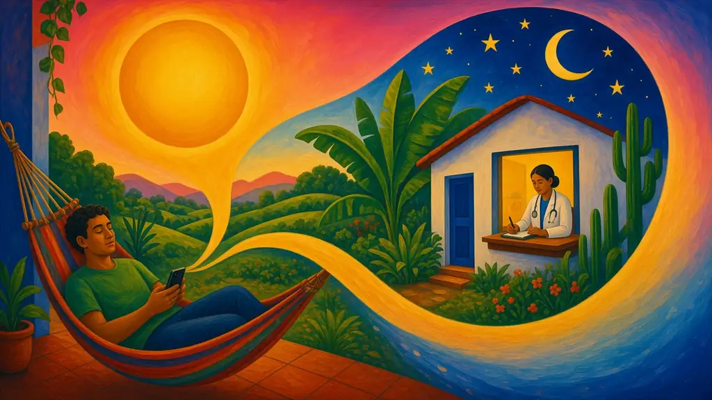 Pintura modernista de um homem descansando na rede com o celular, ligado por uma fita dourada à médica que responde da janela do consultório, sob um céu que passa do sol à lua