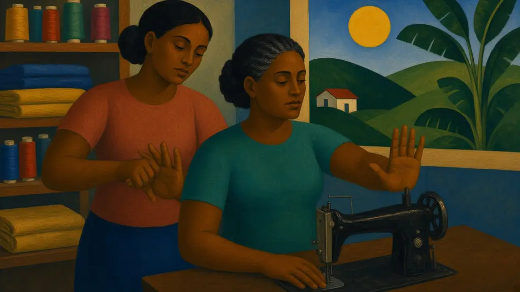 Pintura modernista de uma costureira que pausa a máquina de costura para alongar o punho, ao lado de uma colega que alonga os dedos, numa oficina com linhas coloridas