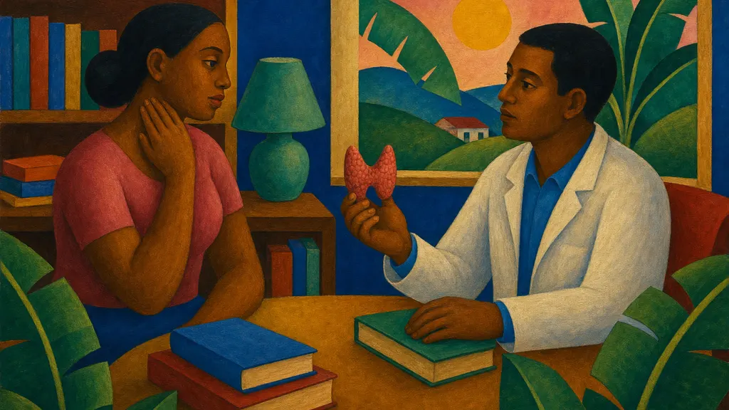 Pintura modernista colorida: Tireoide: sintomas de hipo e hipertireoidismo e o exame TSH