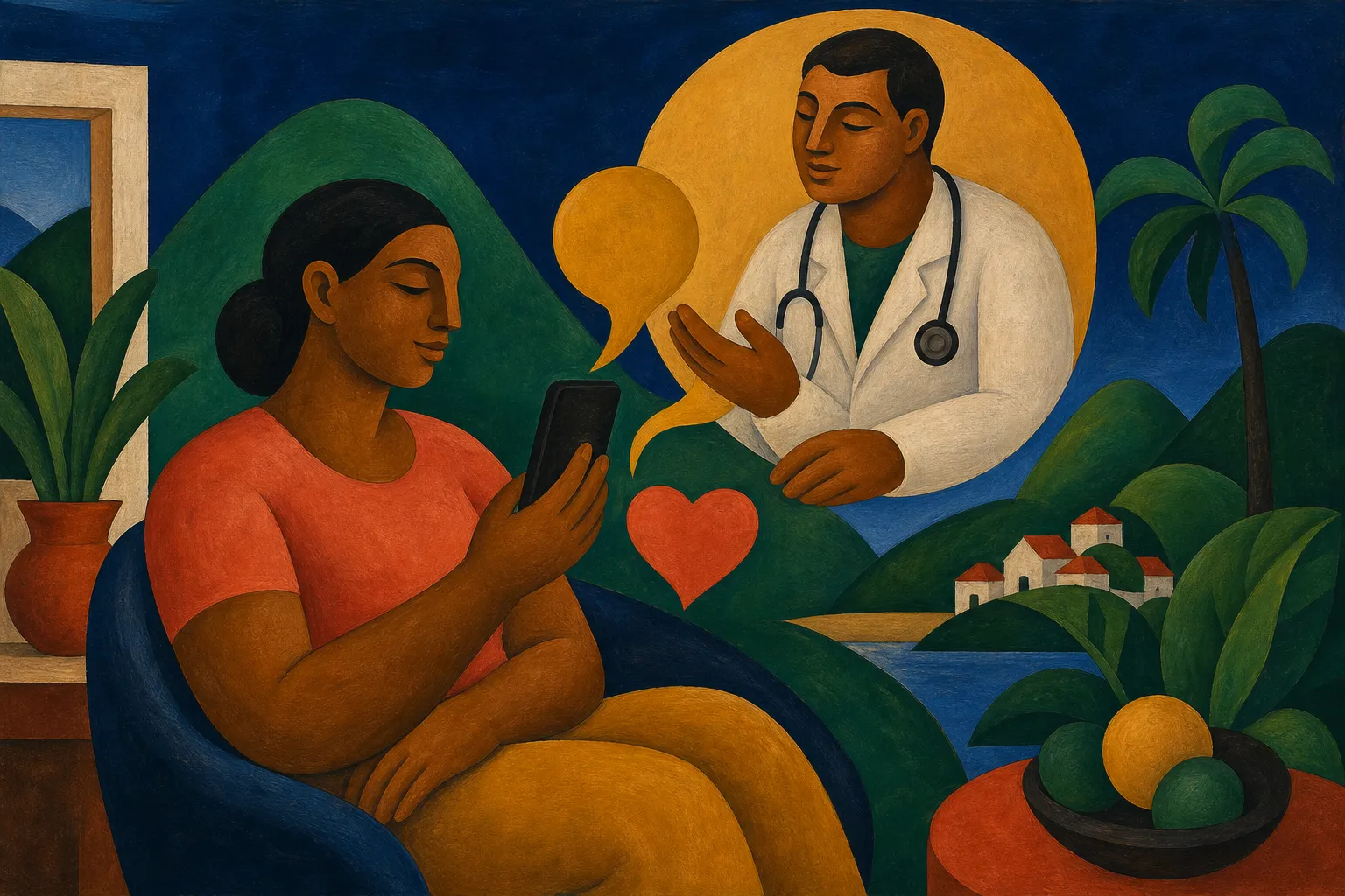 Pintura modernista de uma pessoa conversando por chat no celular com um médico, ligados por um balão de fala dourado