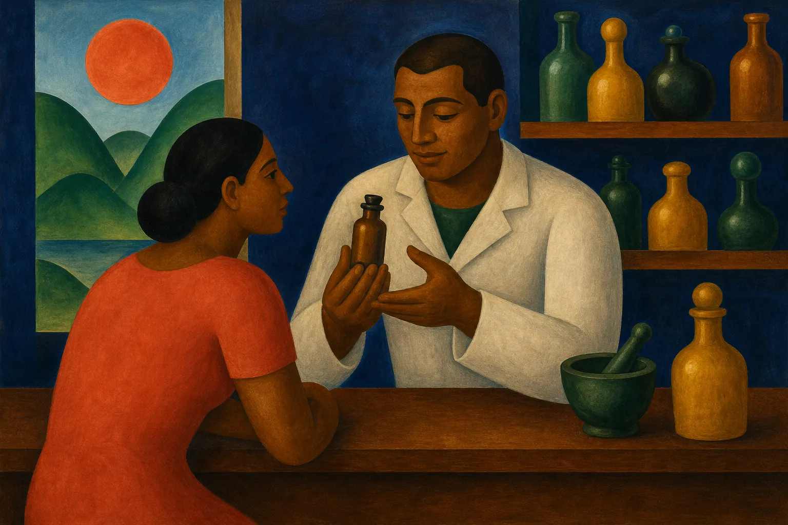 Pintura modernista de um farmacêutico explicando um frasco de medicamento a uma pessoa no balcão