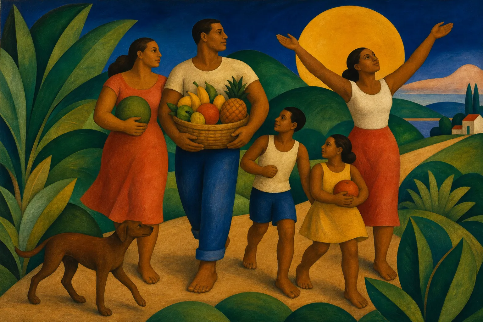 Pintura modernista de uma família caminhando ao nascer do sol com uma cesta de frutas coloridas