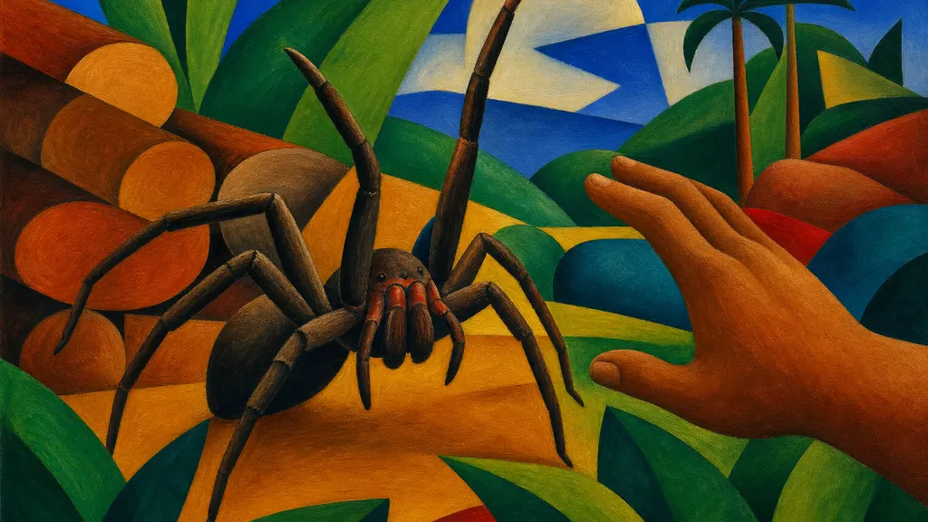 Pintura modernista de uma aranha-armadeira em postura de defesa com as patas dianteiras erguidas, e uma mão humana mantendo distância