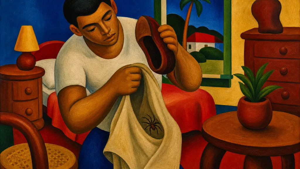 Pintura modernista de uma pessoa sacudindo um sapato e a roupa antes de vestir, com uma pequena aranha-marrom escondida no tecido