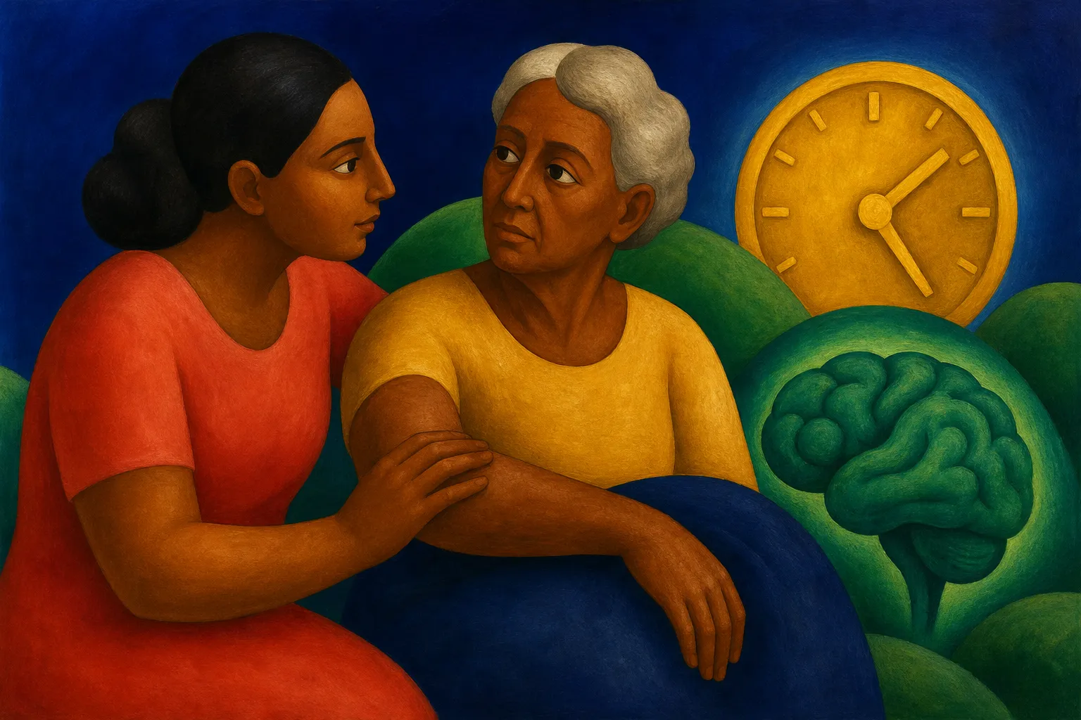 Pintura modernista de uma mulher amparando uma senhora, com um relógio dourado e um cérebro verde ao fundo