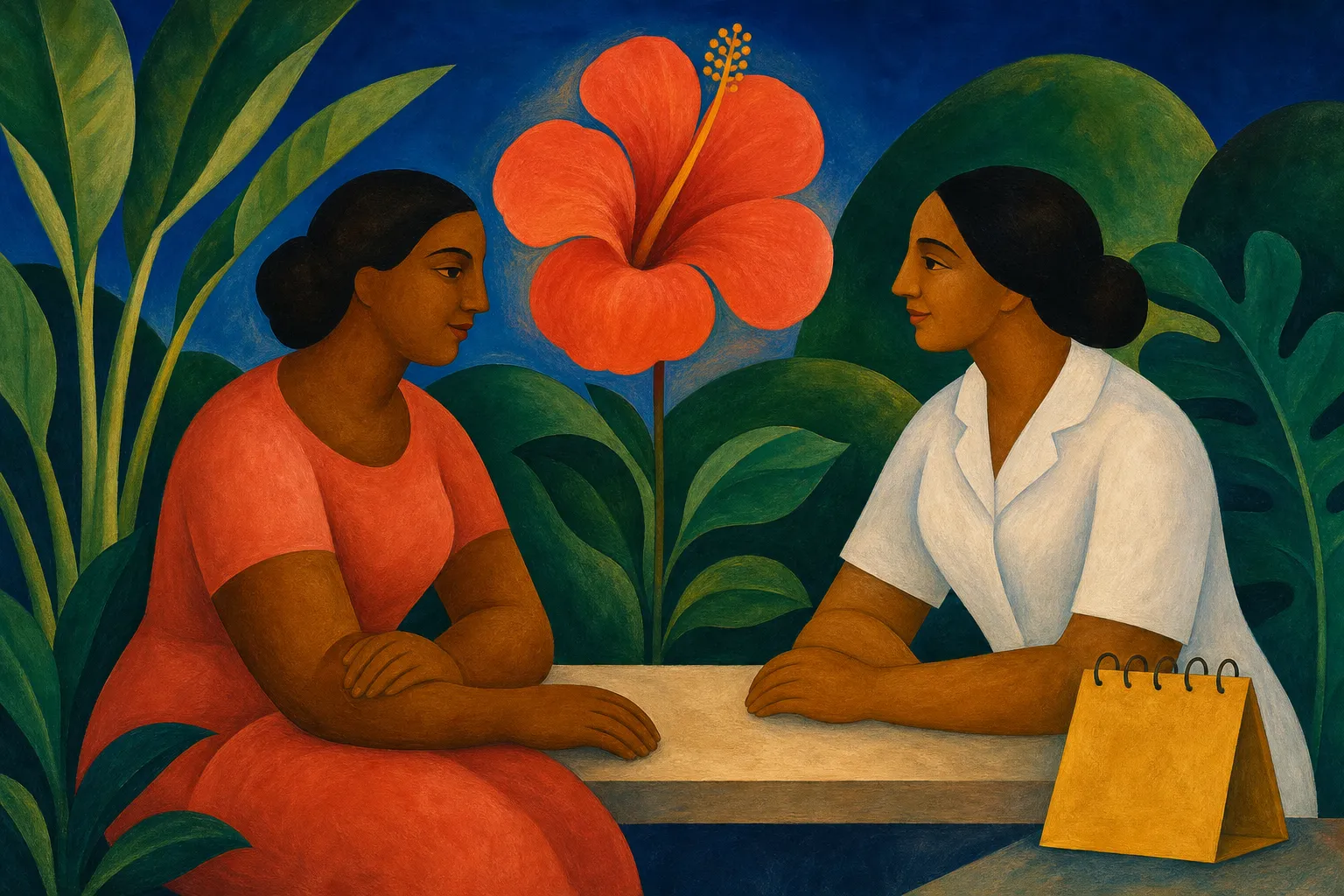 Pintura modernista de uma mulher conversando com uma profissional de saúde, com uma grande flor vermelha ao centro