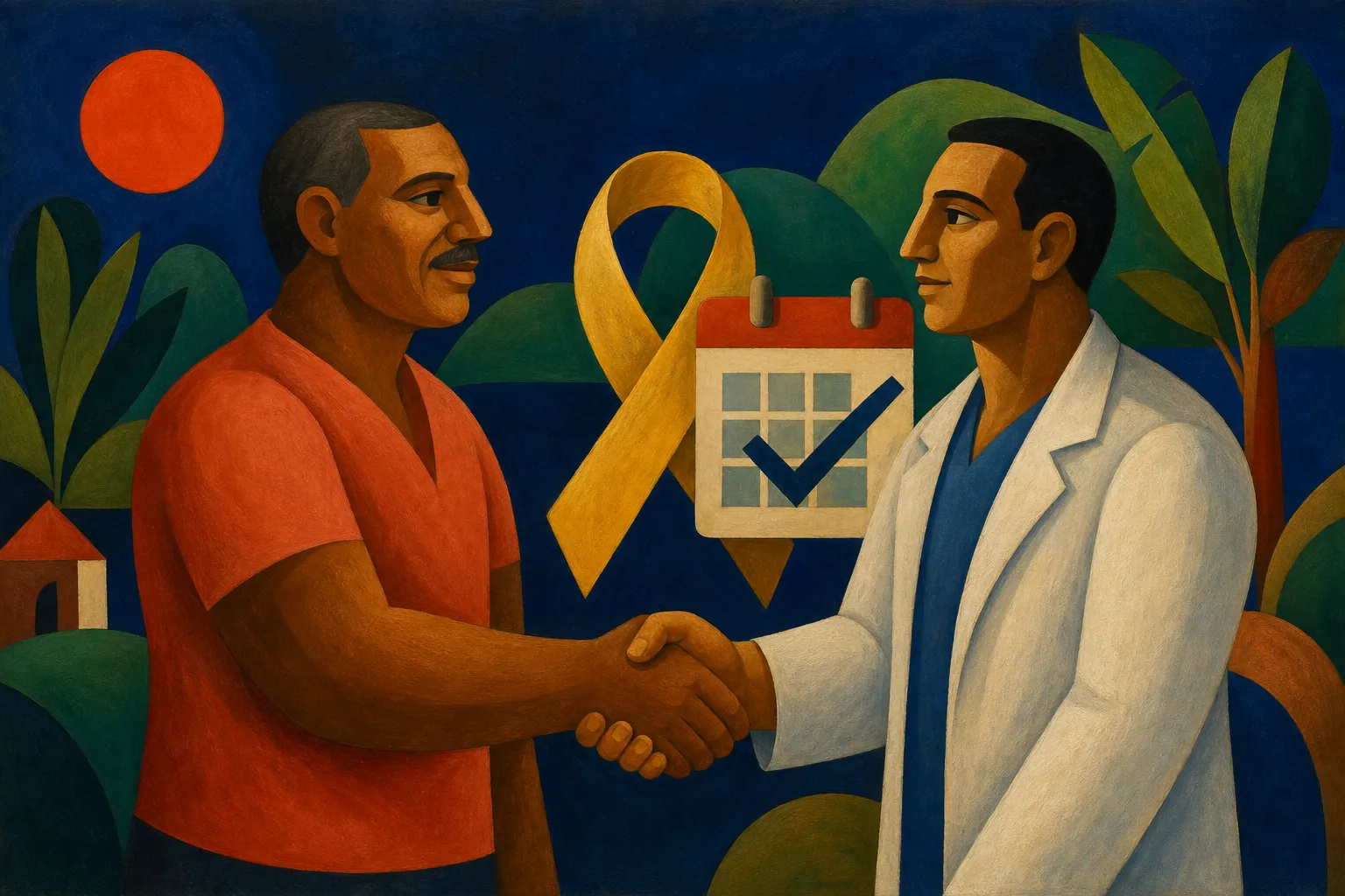 Pintura modernista de um homem cumprimentando um médico, com laço dourado e calendário com marca de confirmação