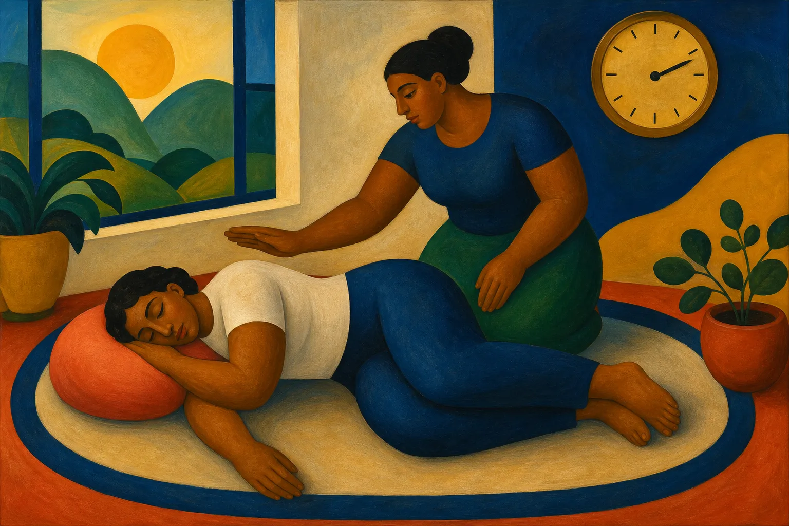 Pintura modernista de uma pessoa deitada de lado sobre almofada, amparada por outra ajoelhada, com relógio dourado na parede