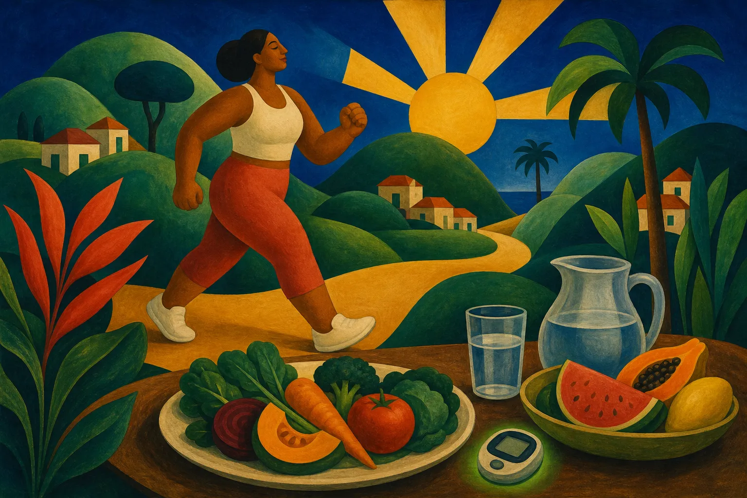Pintura modernista de uma pessoa caminhando ao nascer do sol, com prato de vegetais, jarra de água e glicosímetro à frente
