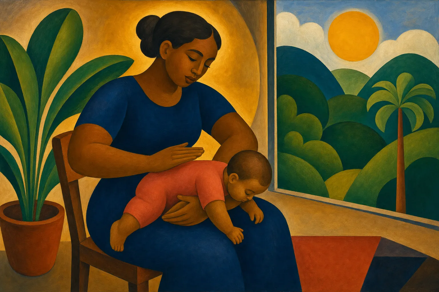 Pintura modernista de uma cuidadora sentada com um bebê apoiado de bruços no antebraço, aplicando tapotagem suave nas costas