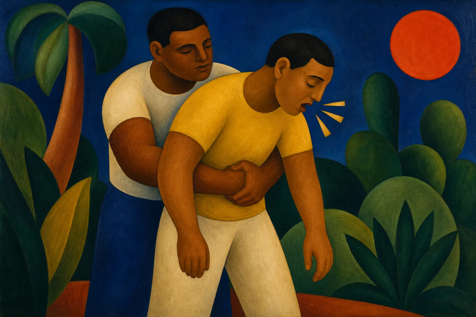 Pintura modernista de uma pessoa aplicando a manobra de Heimlich em outra, em cenário tropical