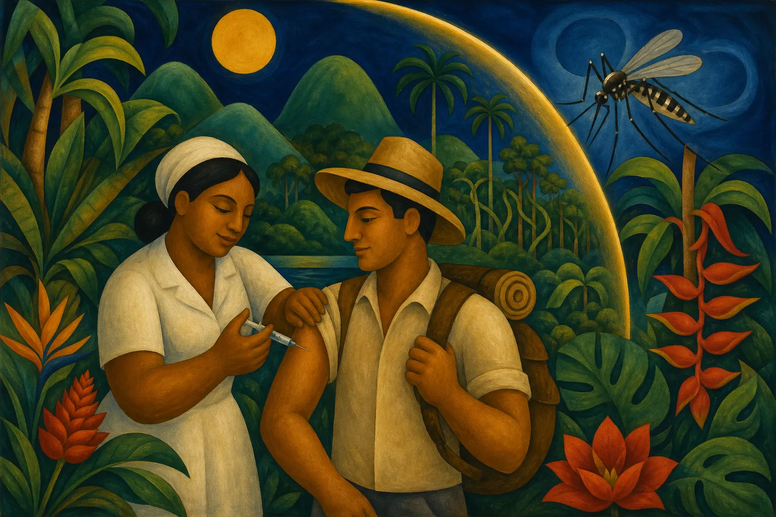 Pintura modernista de uma enfermeira vacinando um viajante diante da mata tropical, com mosquito afastado por um arco dourado