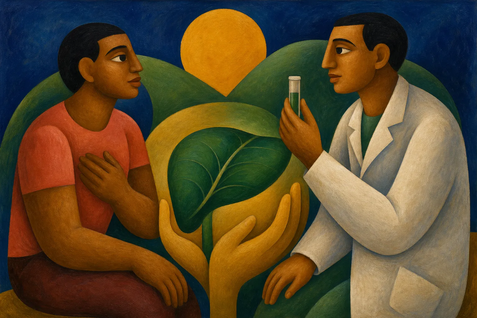 Pintura modernista de um médico com tubo de ensaio conversando com um paciente, com um fígado em forma de folha verde