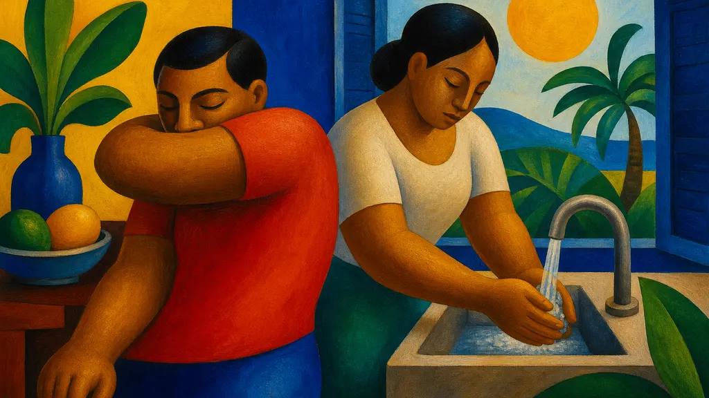 Pintura modernista de uma pessoa cobrindo o espirro com o antebraço enquanto outra lava as mãos na pia, com janela aberta e sol ao fundo