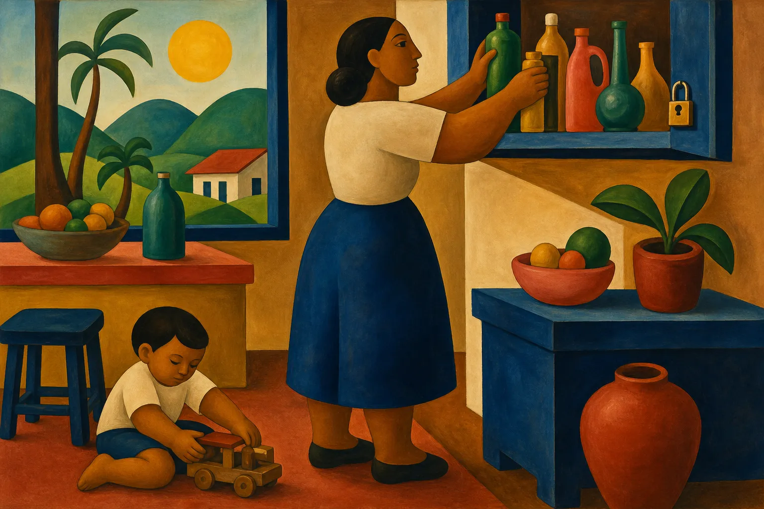 Pintura modernista de uma mãe guardando frascos coloridos em prateleira alta com cadeado, enquanto a criança brinca segura no chão