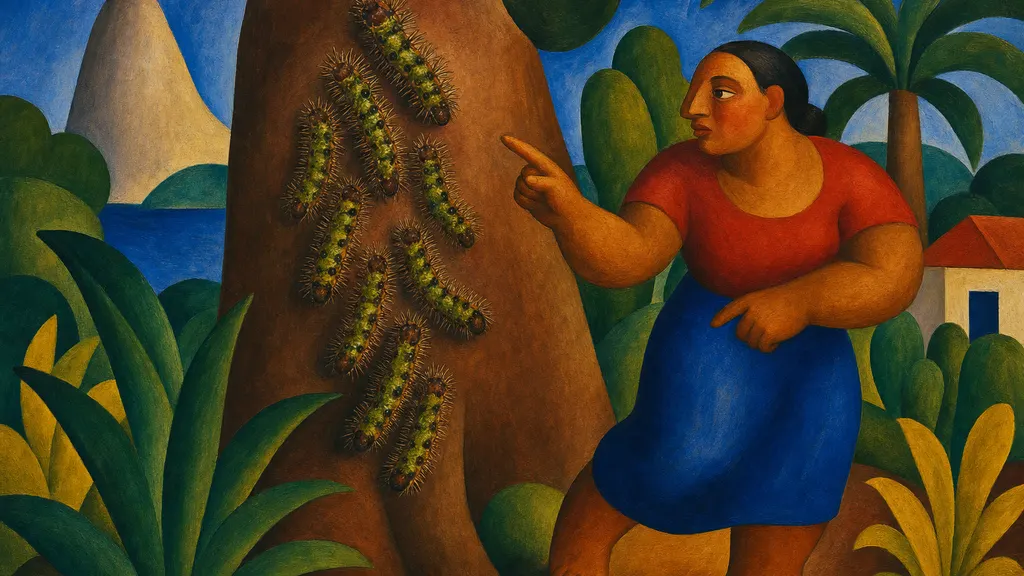 Pintura modernista de lagartas Lonomia agrupadas no tronco de uma árvore, com uma pessoa apontando e se afastando com cautela