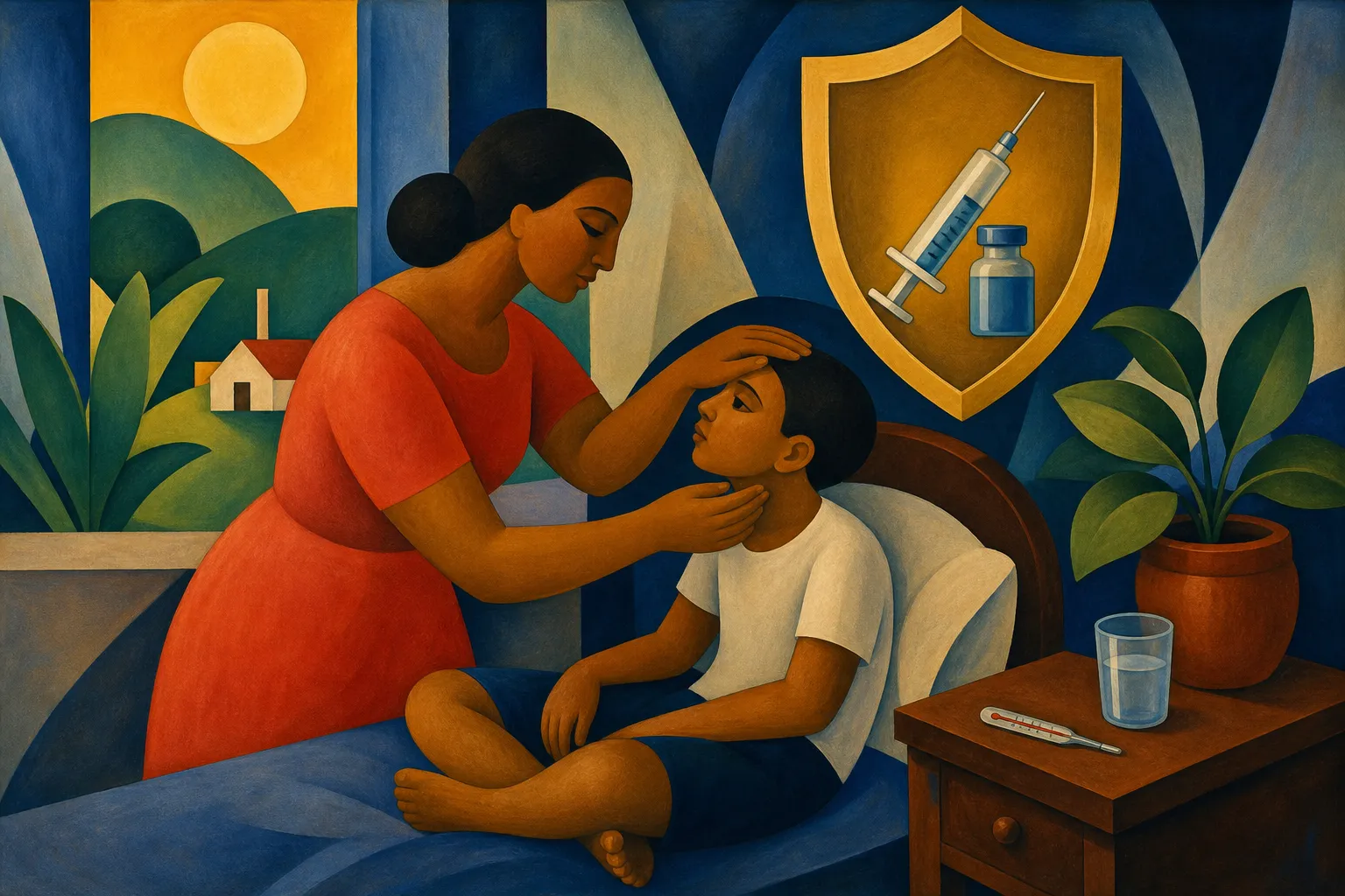 Pintura modernista de uma mãe verificando a testa e o pescoço do filho na cama, sob um escudo dourado com vacina