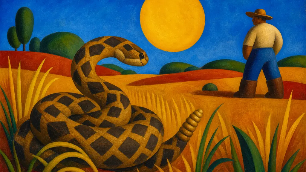 Pintura modernista de uma cascavel com o chocalho na ponta da cauda num campo aberto sob grande sol dourado, com uma pessoa de botas ao longe