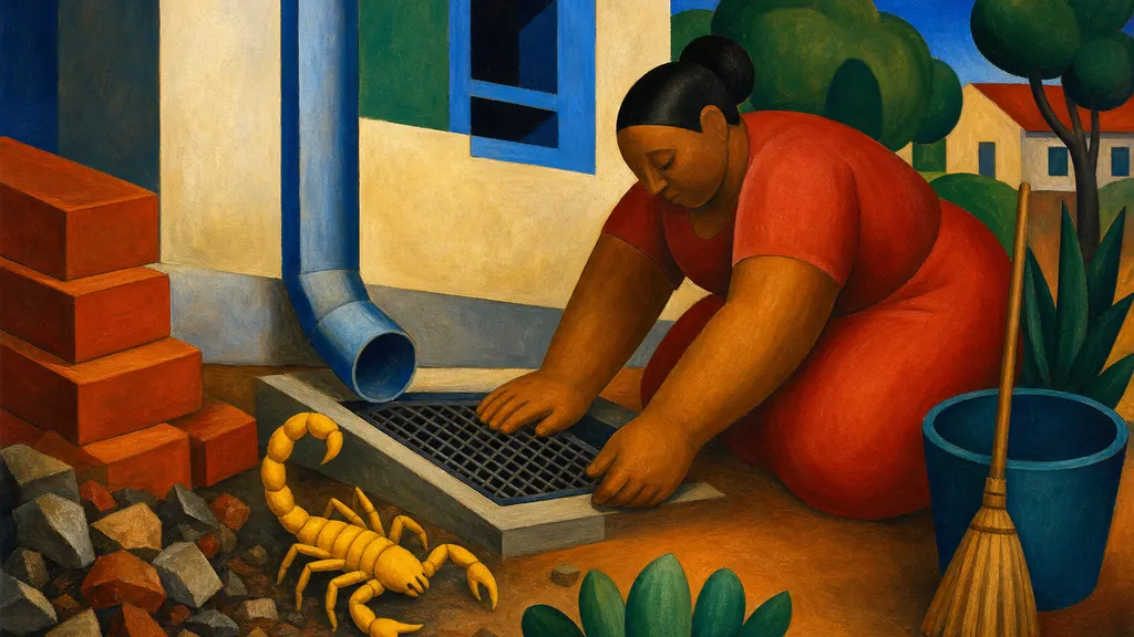 Pintura modernista de uma pessoa vedando o ralo com tela ao lado de tijolos e entulho, com um escorpião amarelo estilizado ao chão