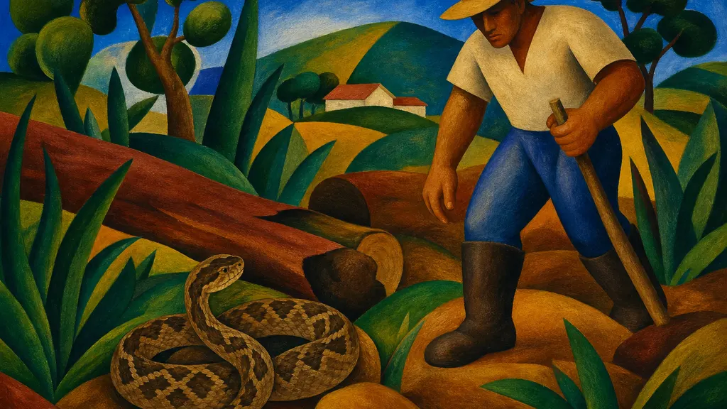 Pintura modernista de uma jararaca enrolada no mato ao lado de troncos, com um trabalhador rural de botas observando onde pisa