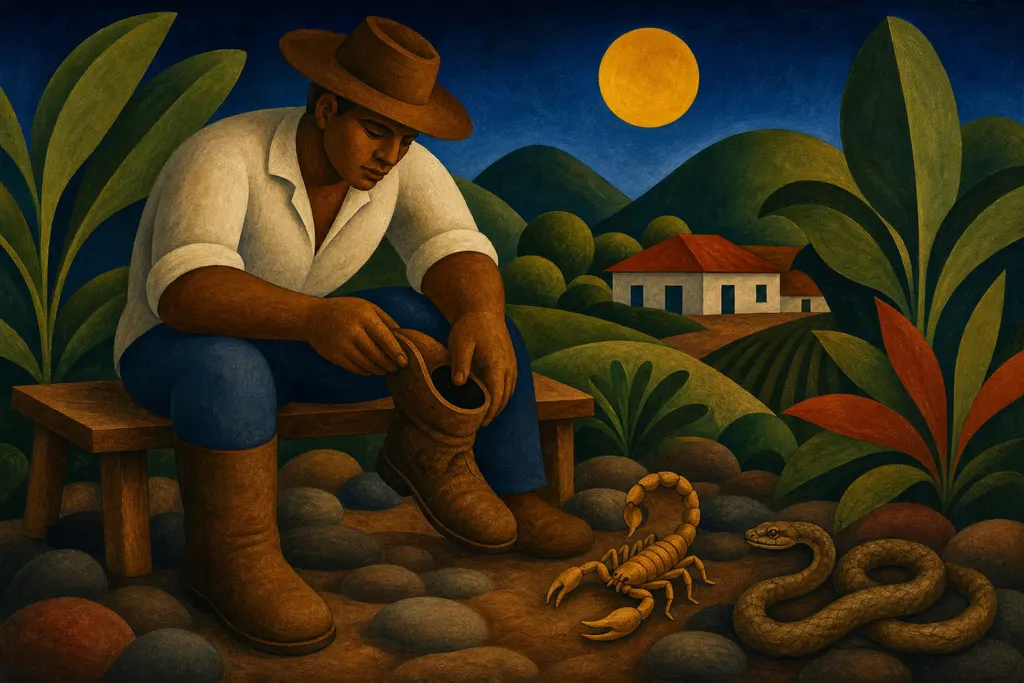 Pintura modernista de um trabalhador rural inspecionando a bota, com escorpião e cobra estilizados entre pedras
