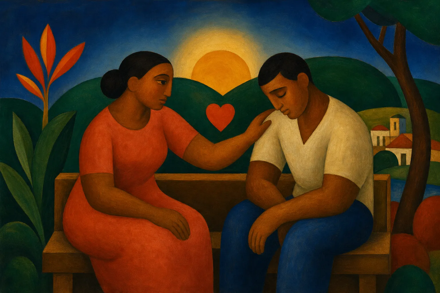 Pintura modernista de duas pessoas em um banco, uma escutando a outra com a mão no ombro, sob um sol nascente