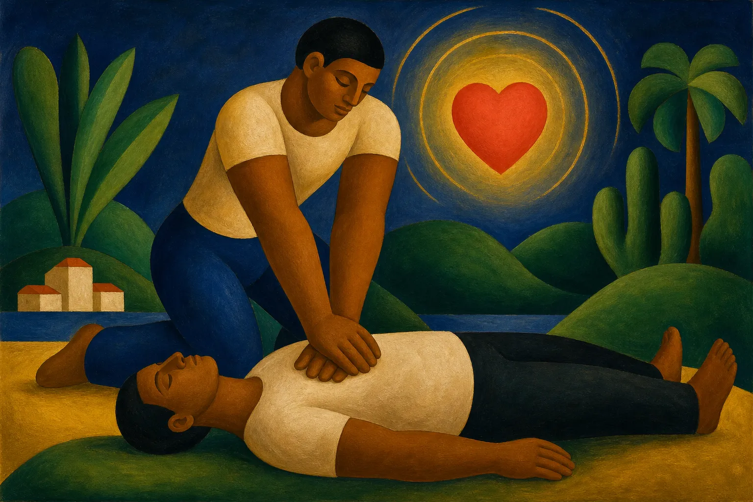 Pintura modernista de uma pessoa fazendo compressões torácicas em outra deitada, com um coração pulsando em dourado