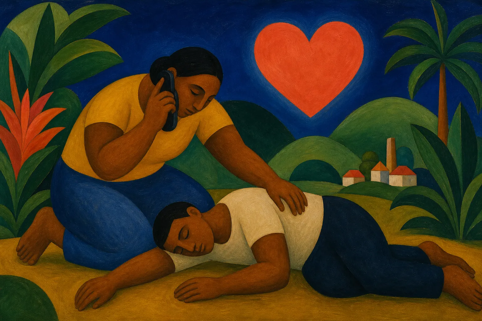 Pintura modernista de uma pessoa ajoelhada checando outra deitada enquanto liga para o socorro, com um coração vermelho no céu