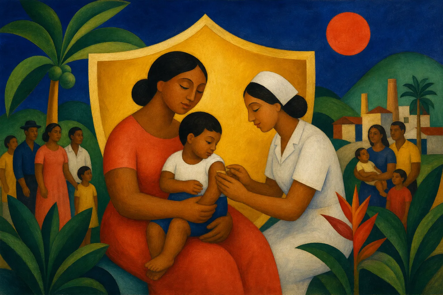 Pintura modernista de uma mãe com criança no colo sendo vacinada por uma enfermeira, diante de um escudo dourado