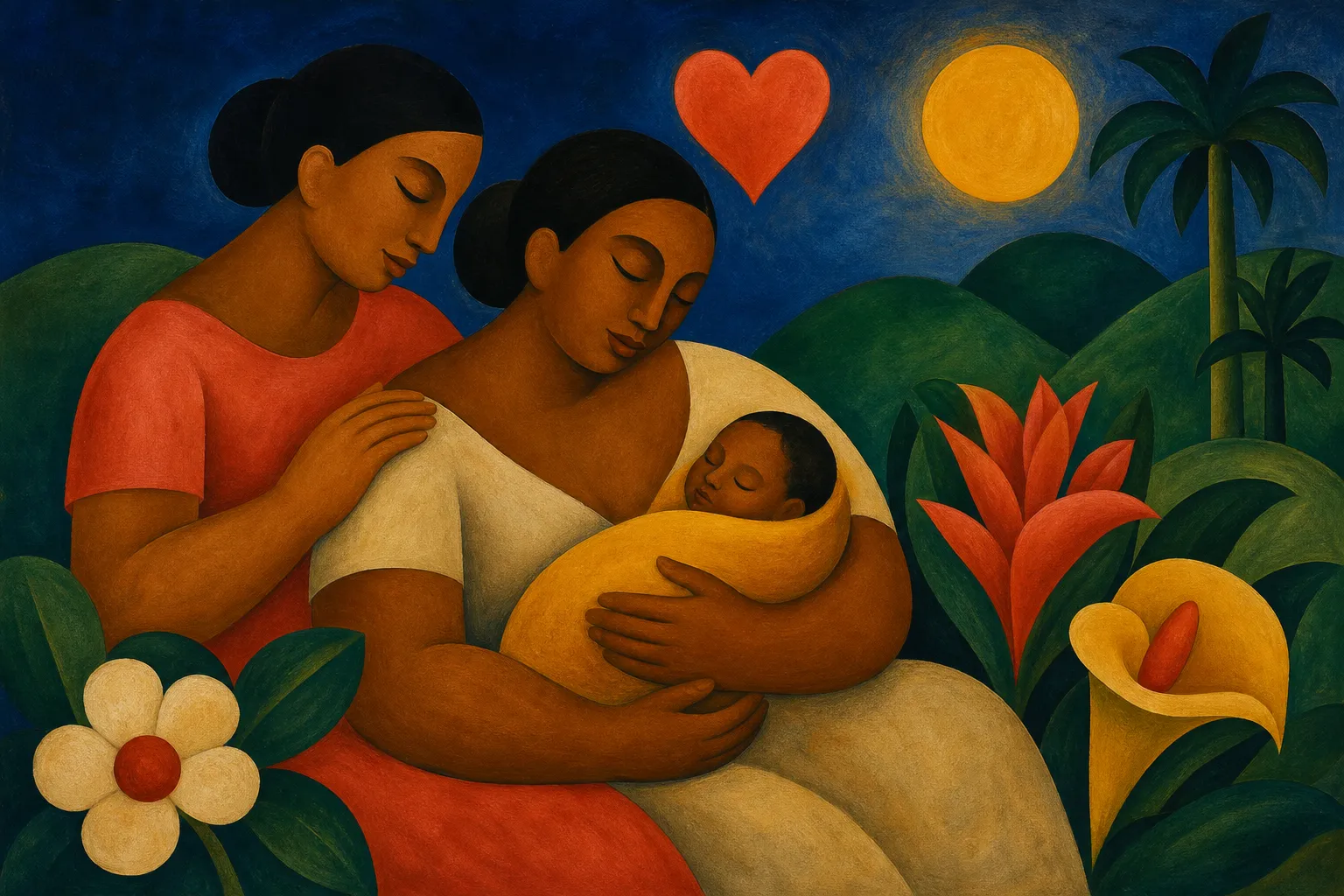Pintura modernista de uma mãe com bebê recém-nascido no colo e uma companheira apoiando, sob sol e coração