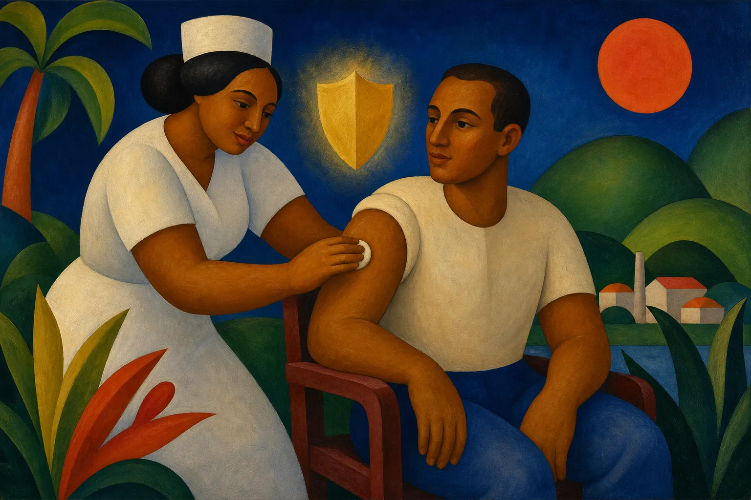 Pintura modernista de uma enfermeira vacinando um adulto, com um escudo dourado simbolizando proteção